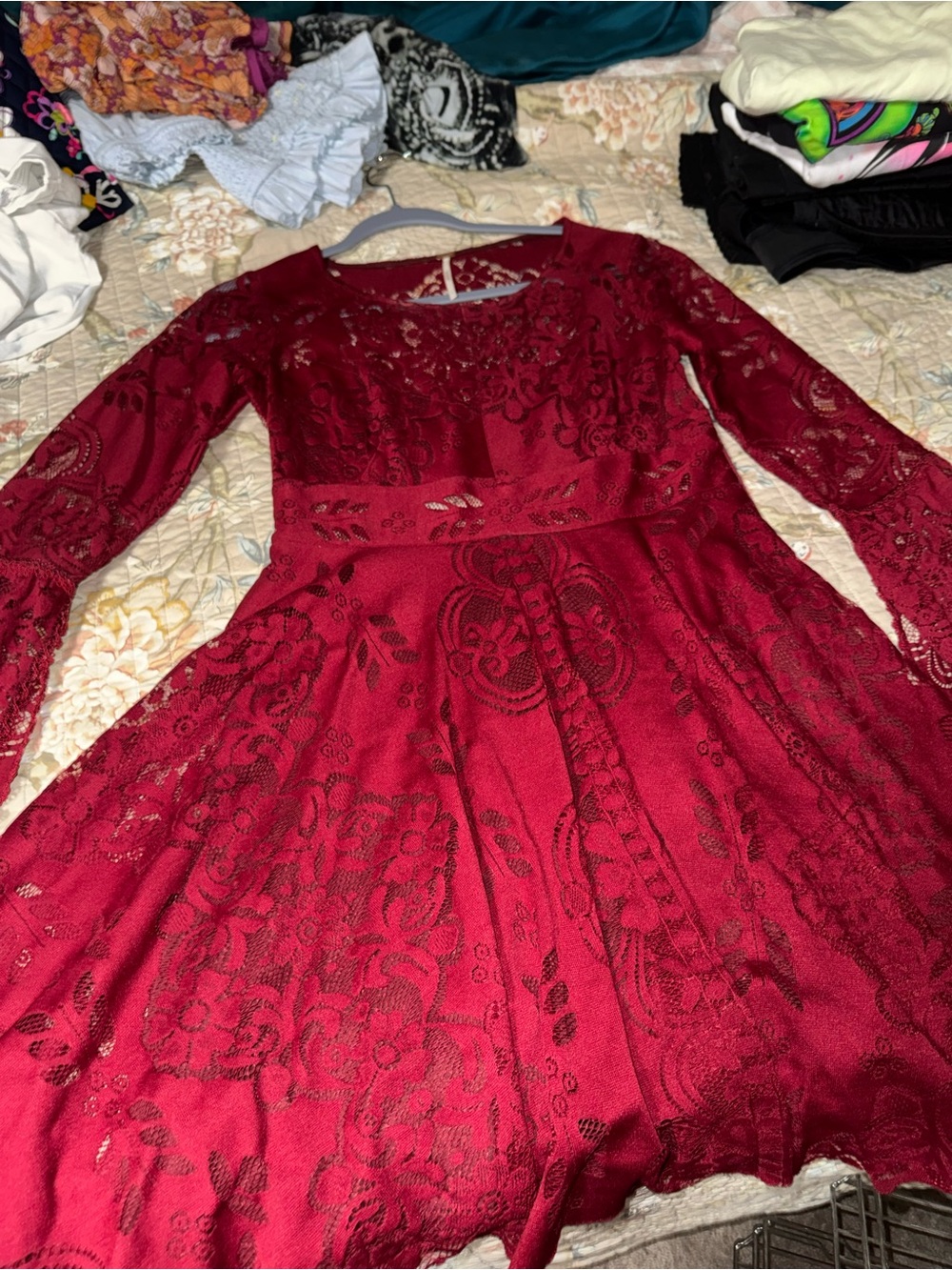 Free People Burgundy Lace Long Sleeve Fit-and-Flare Dress